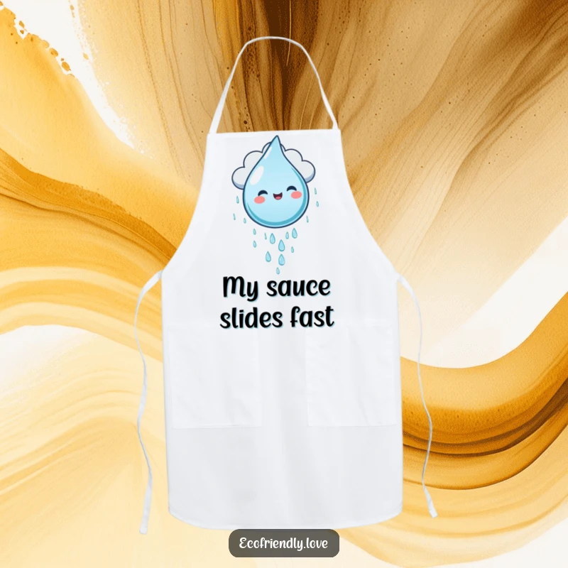 Funny water droplet character gleefully sliding down a rain cloud, on a practical apron for humorous culinary adventures.