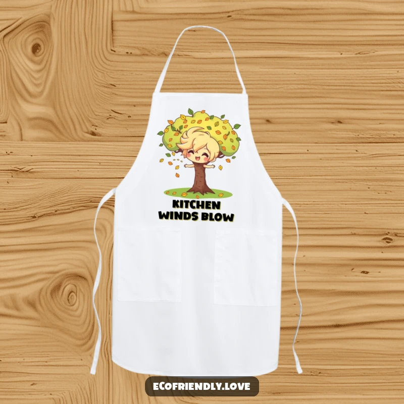 Funny apron featuring a playful wind character blowing leaves around a cheerful tree, adding a touch of nature's whimsy to kitchen activities.