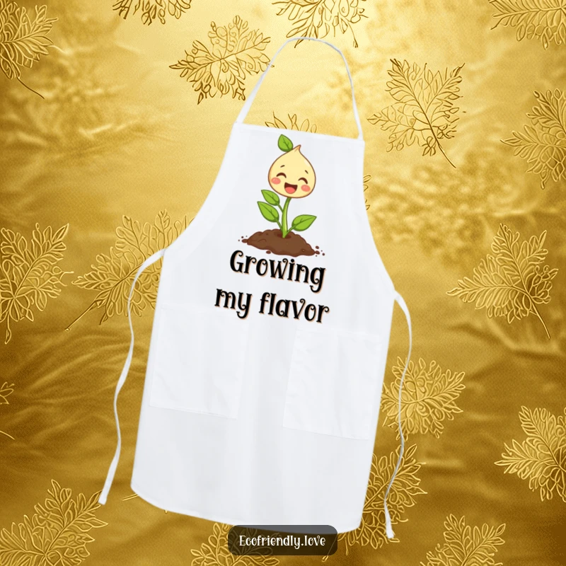 Funny apron adorned with a cute sprout character joyfully planting a seed, a charming addition for kitchen or garden enthusiasts.