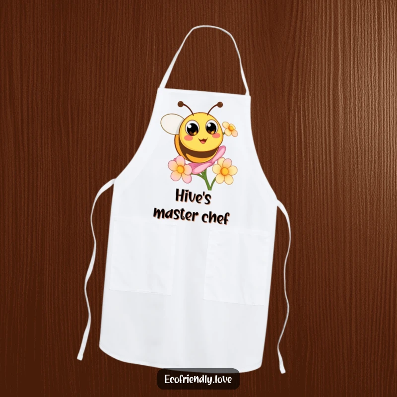 Funny apron depicting a cute, round bee with big happy eyes buzzing excitedly around a blooming flower.