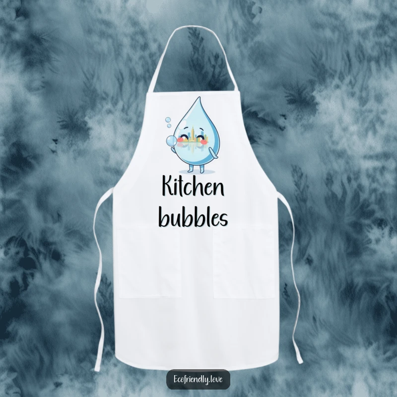 Funny water droplet character blowing a bubble reflecting a tiny cityscape, printed on a stylish and funny cooking apron.