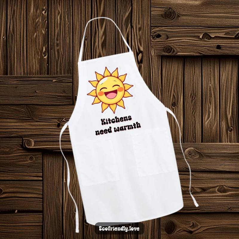 Funny apron depicting a beaming sun character with a wide, happy grin, ready to cook. A joyful and practical gift.