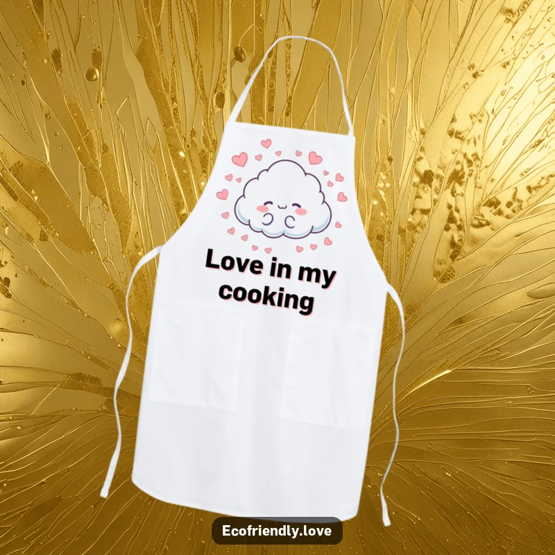 Funny apron with a cloud character raining small hearts, perfect for a loving cook. A charming and practical gift.