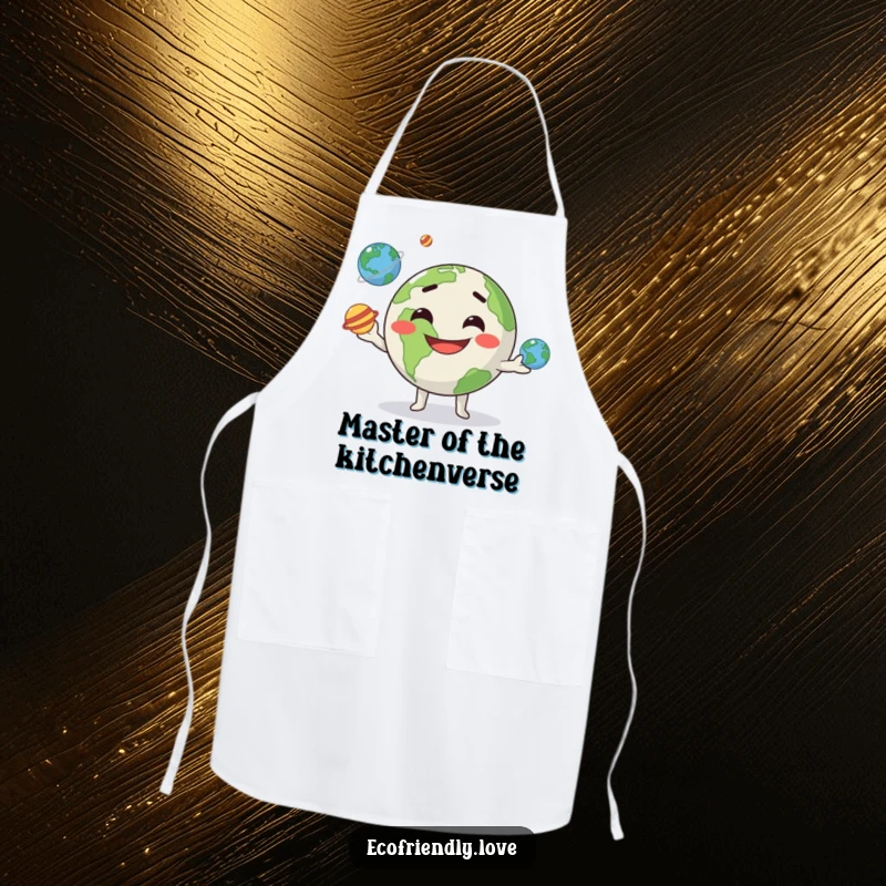 Funny kawaii Earth with a goofy grin, juggling three tiny planets, designed for a humorous and functional kitchen apron.