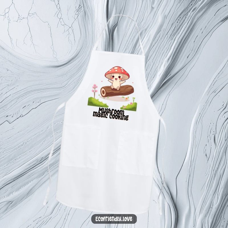 Funny kawaii mushroom doing a jig on a mossy log on an apron, a humorous kitchen essential.