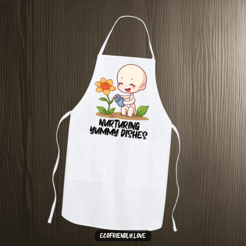Funny sprout apron showing a tiny character giggling while watering a wilting flower, a funny kitchen gift.