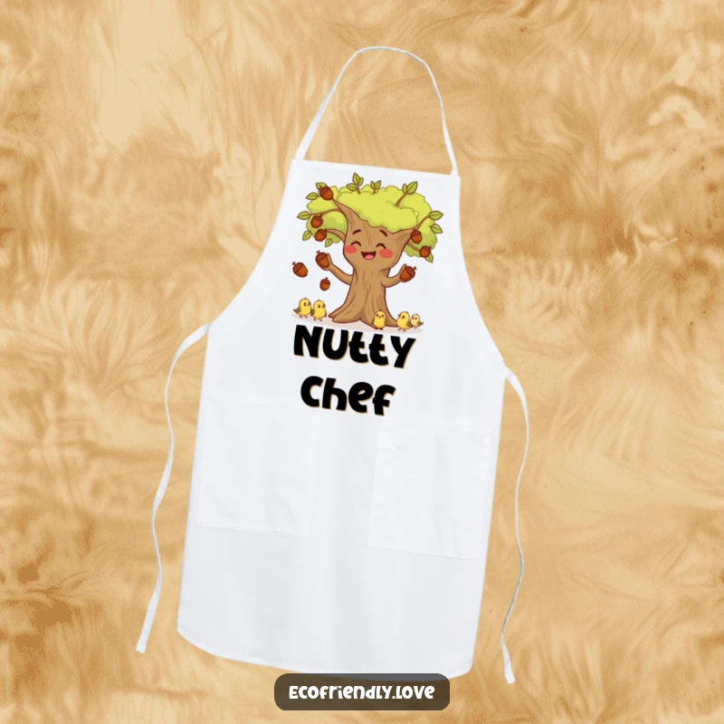 Funny smiling tree character juggling acorns while tiny birds watch from the branches, printed on a whimsical and funny cooking apron.