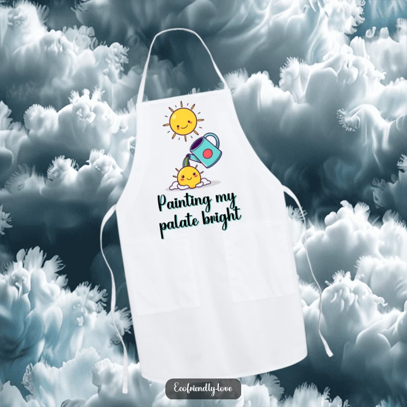 Funny kawaii watering can pouring a rainbow into a smiling sun, designed for a cheerful and functional kitchen apron.