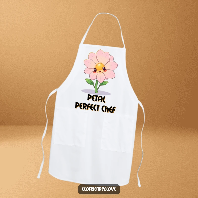Funny kawaii flower dramatically posing under a spotlight on an apron, a humorous cooking accessory.