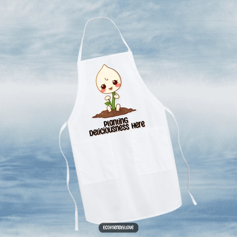Funny apron featuring a cute kawaii sprout planting a tiny seed, blending practicality with adorable garden humor.