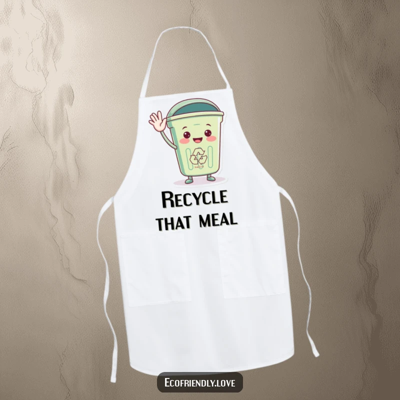 Funny apron with a recycling bin character waving hello, making cooking and cleaning a friendly, eco-conscious task.