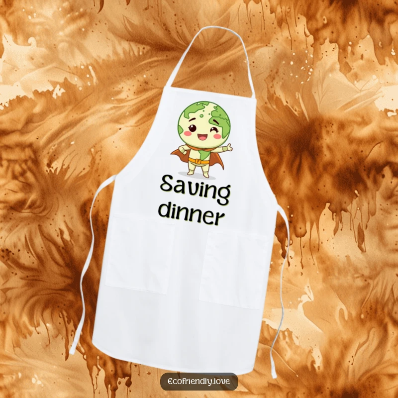 Funny Earth character with a wide grin striking a superhero pose with a cape, printed on a stylish and funny cooking apron.