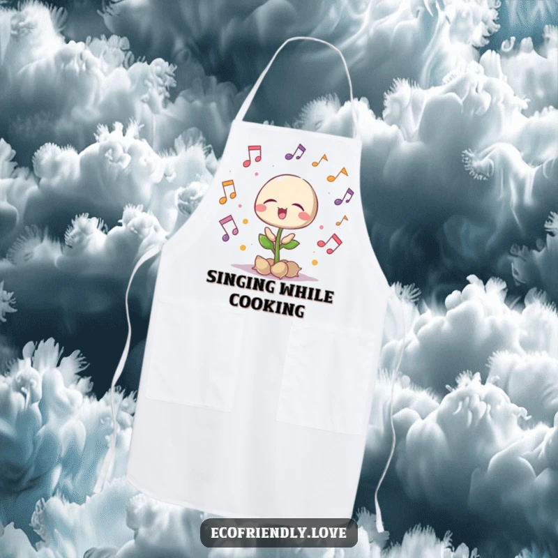 Funny singing seedling apron surrounded by musical notes, eyes closed in delight, a joyful kitchen accessory, a fun funny gift.