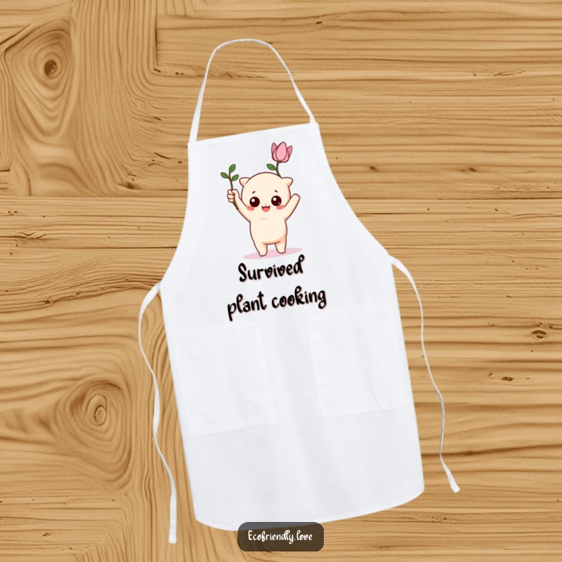 Funny kawaii character triumphantly holding a wilting, funny plant on an apron, a humorous gardening accessory.