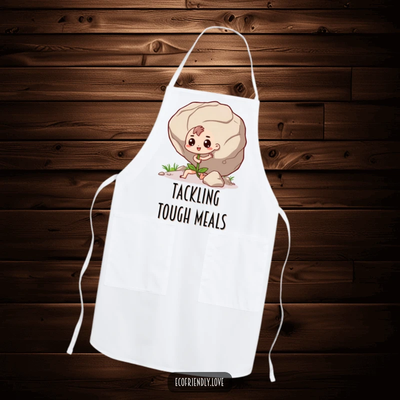 Funny Seedling Apron: A determined kawaii seedling character humorously pushing a giant boulder, perfect for kitchen tasks.