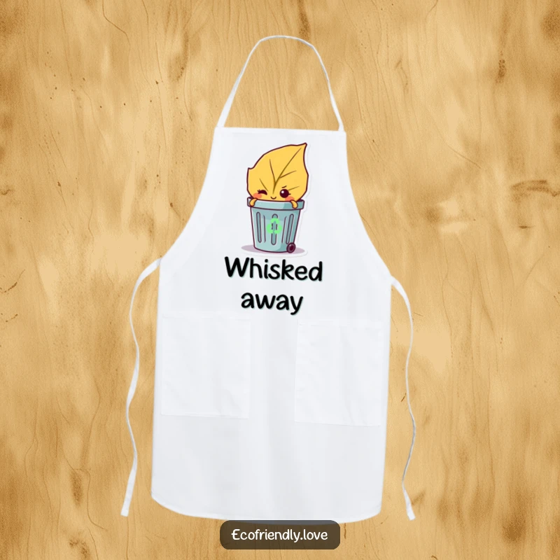 Funny apron with a mischievous leaf peeking from a recycling bin and winking, perfect for eco-cooking.