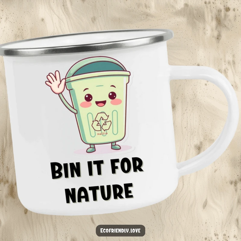 Funny camping mug featuring a recycling bin character waving hello, perfect for enjoying drinks outdoors.