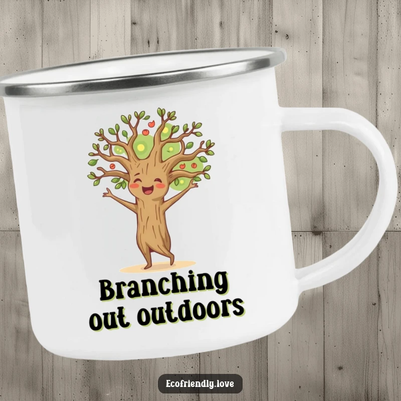 Funny happy tree camping mug featuring a cheerful character dancing with branches outstretched, built for adventure and nature's joy.