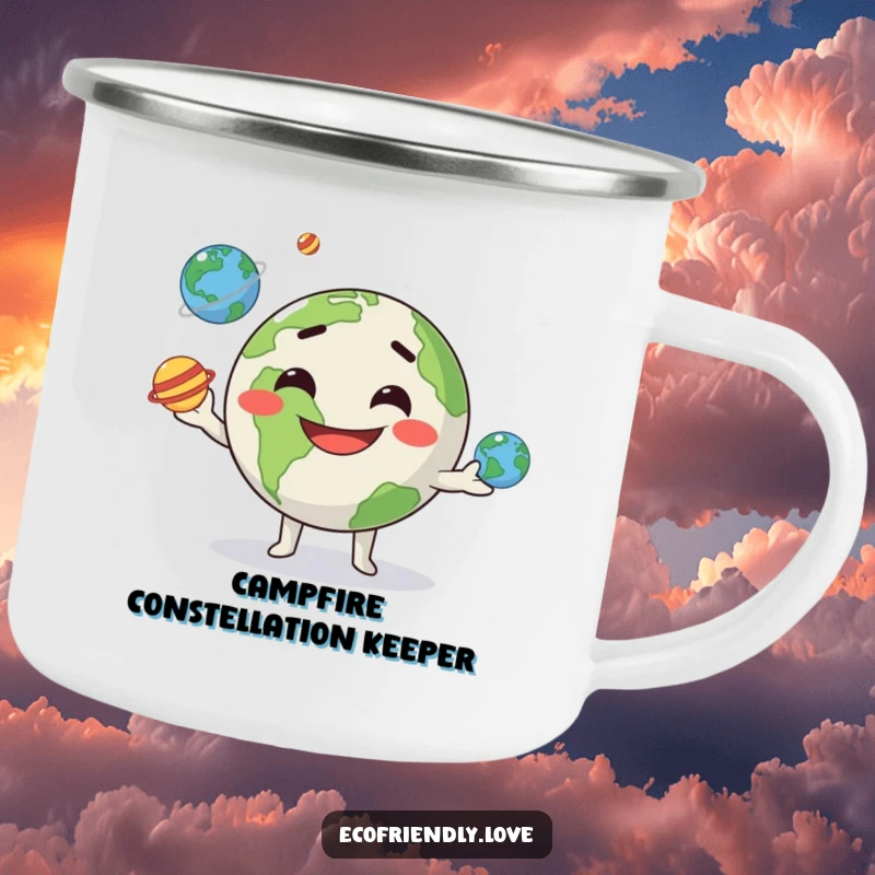 Funny kawaii Earth character, goofily grinning and juggling three tiny planets, designed for a rugged and cheerful enamel camping mug.