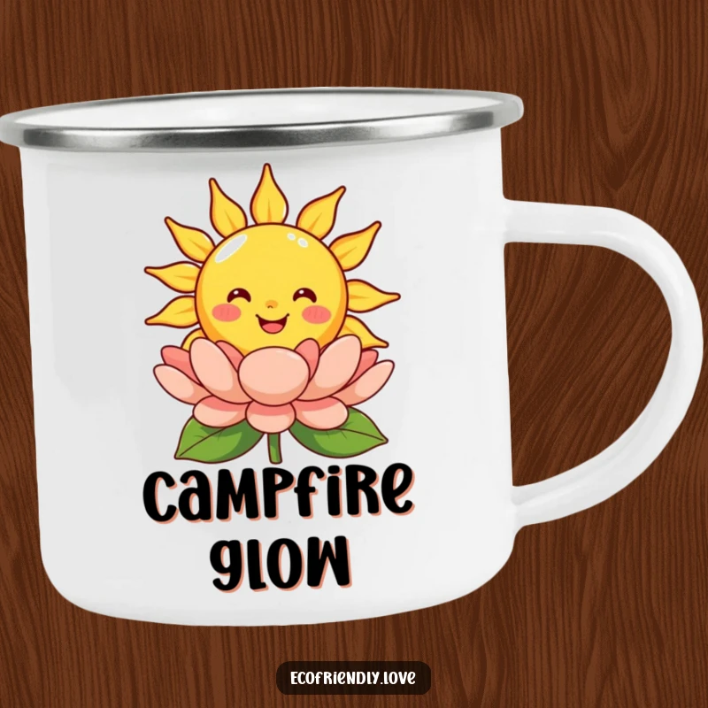 Funny smiling sun camping mug depicting a happy cartoon sun character shining warmly on a blooming flower, ideal for outdoor enjoyment.