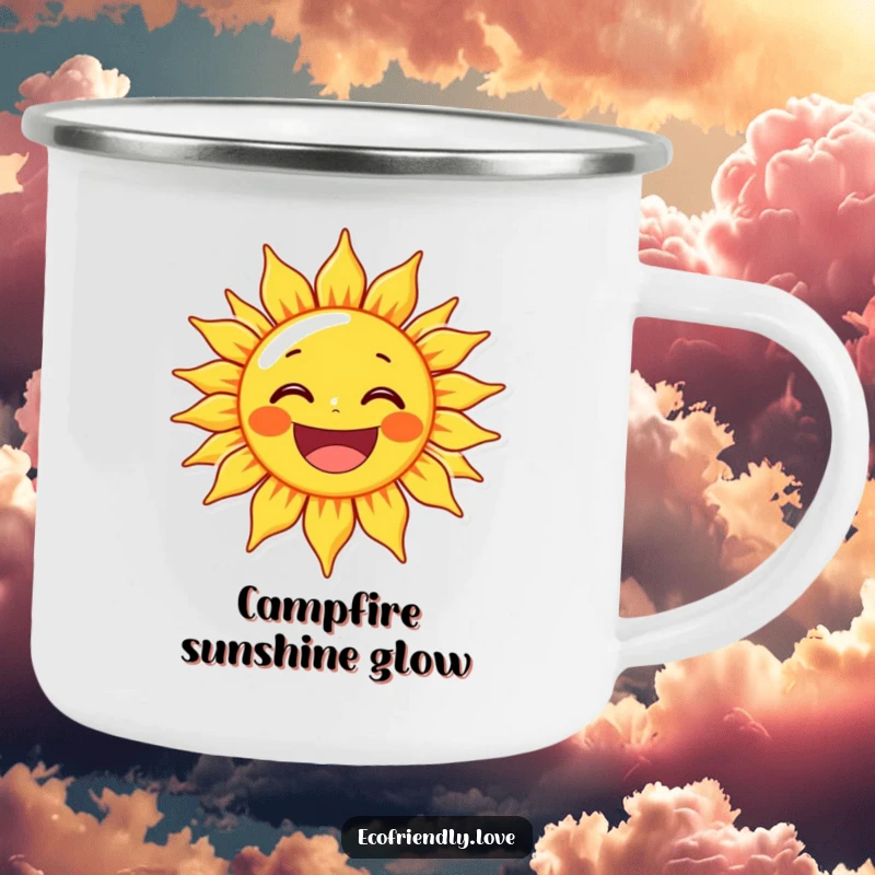 Funny sun character beaming with a wide, delighted grin, on a rugged camping mug for humorous outdoor enjoyment.
