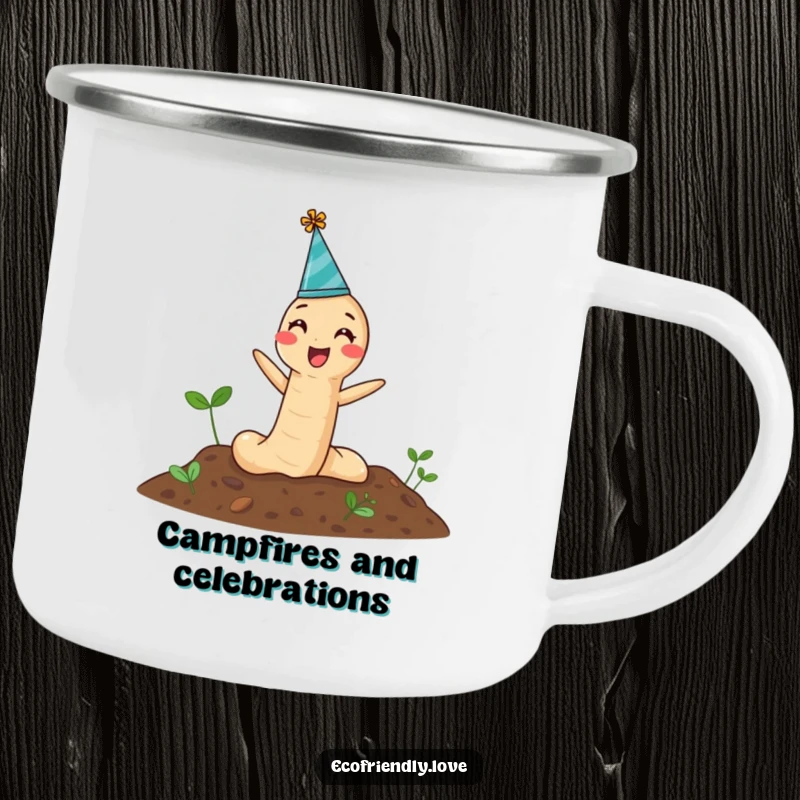 Funny Camping Mug with a happy earthworm in a party hat popping from the ground, ready for cheerful outdoor drinks.
