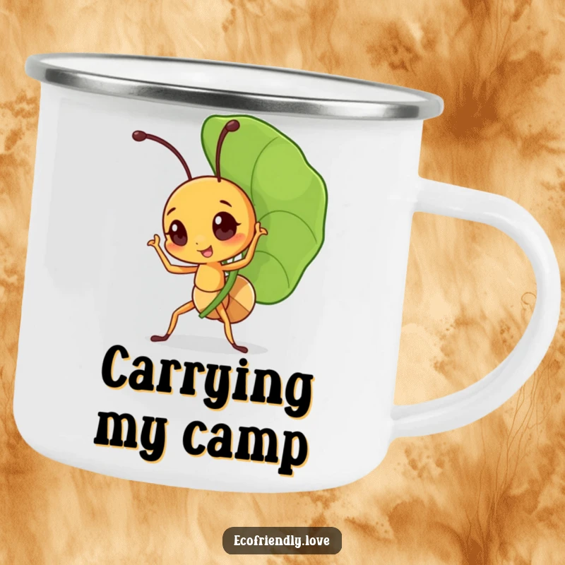 Funny ant camping mug featuring a little character triumphantly carrying a large leaf, built for adventure and inspiring strength.
