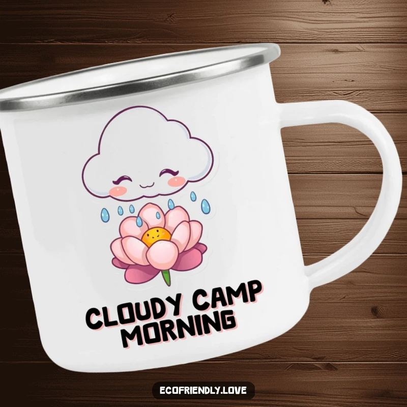 Funny camping mug featuring a giggling cloud character releasing gentle raindrops on a flower, perfect for outdoor enjoyment.