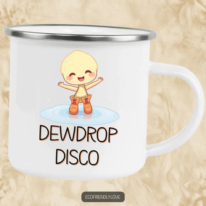 Funny camping mug with a happy, pudgy sprout in small boots dancing in a sparkling puddle, ideal for outdoor humor and beverages.