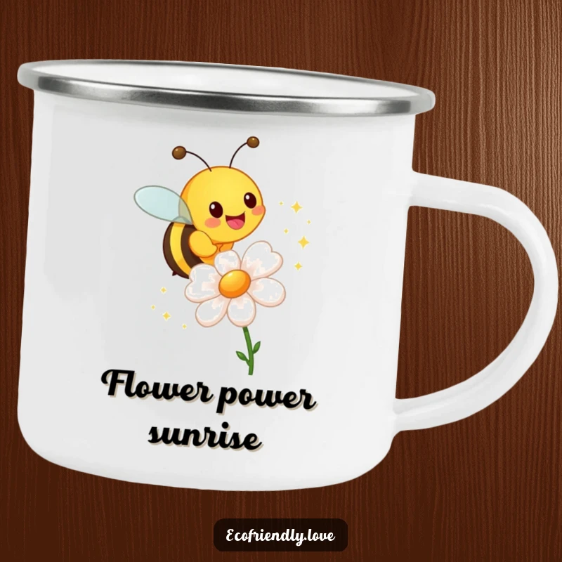 Funny camping mug showing a cheerful bee buzzing around a flower, leaving a trail of sparkles.