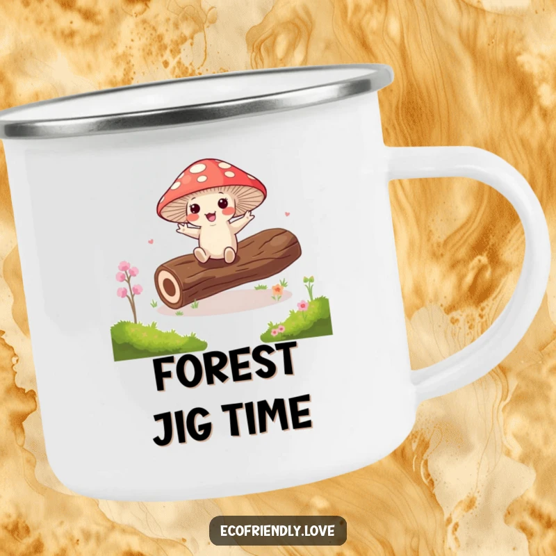 Funny kawaii mushroom doing a jig on a mossy log on a rustic camping mug, a humorous outdoor essential.