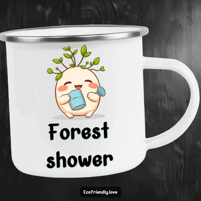 Funny camping mug featuring a round, giggling sprout with leafy hair holding a watering can, ideal for outdoor humor and beverages.