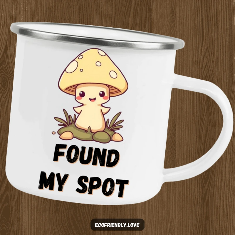 Funny Mushroom Camping Mug featuring a mischievous character popping up from the ground, perfect for adding whimsy to camping trips.