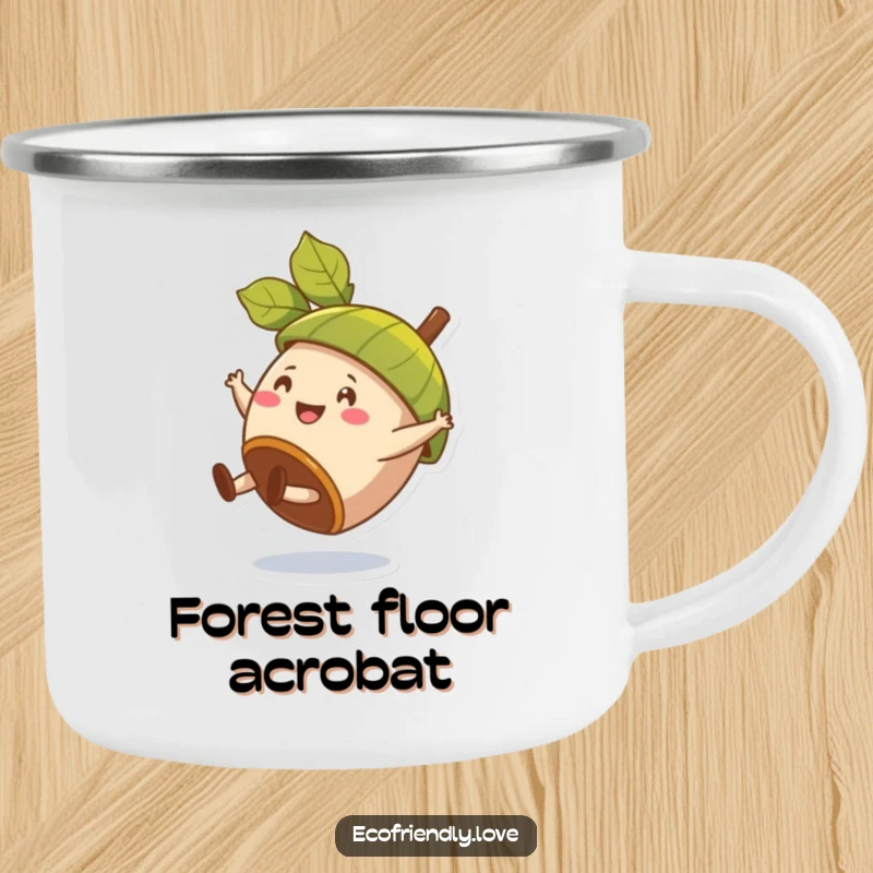 Funny camping mug showing a happy acorn character doing a cartwheel, wearing a leaf hat.
