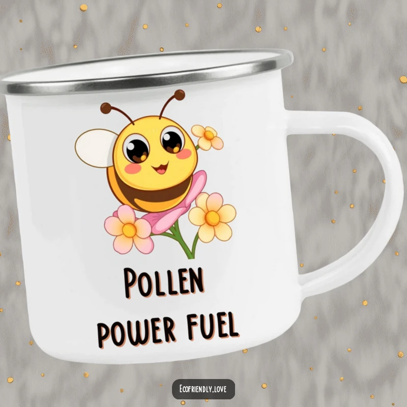 Funny camping mug with a cute, round bee buzzing excitedly around a blooming flower.
