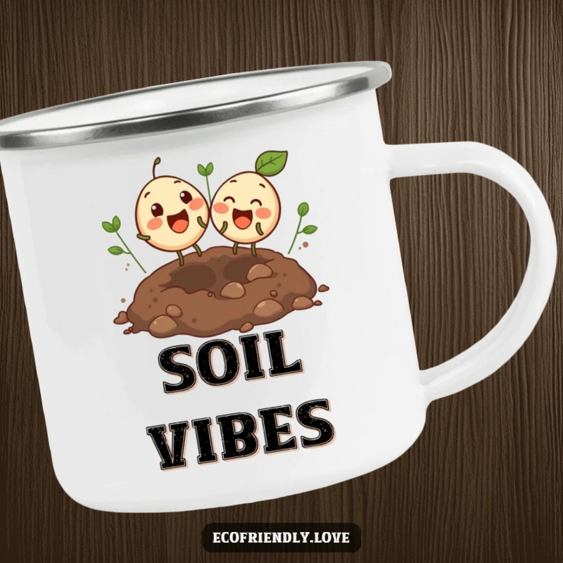 Funny camping mug with two round, giggling seeds bouncing excitedly in an open soil patch, ideal for outdoor adventures and garden humor.