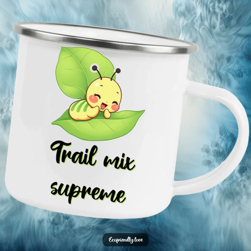 Funny Caterpillar Camping Mug featuring a giddy character munching on a large green leaf, perfect for outdoor enjoyment.