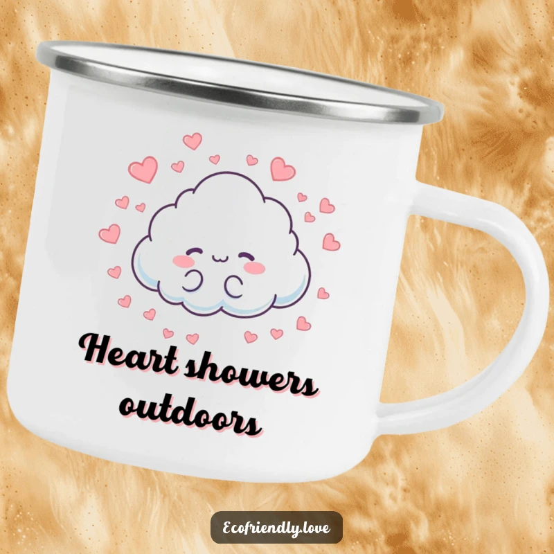 Funny camping mug with a cloud character showering tiny hearts. A durable, cute, and loving gift.
