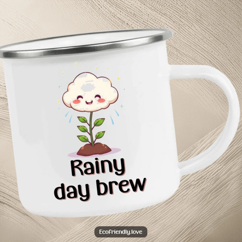 Funny camping mug with a smiling cloud character raining happy, sparkling drops onto a joyful plant.