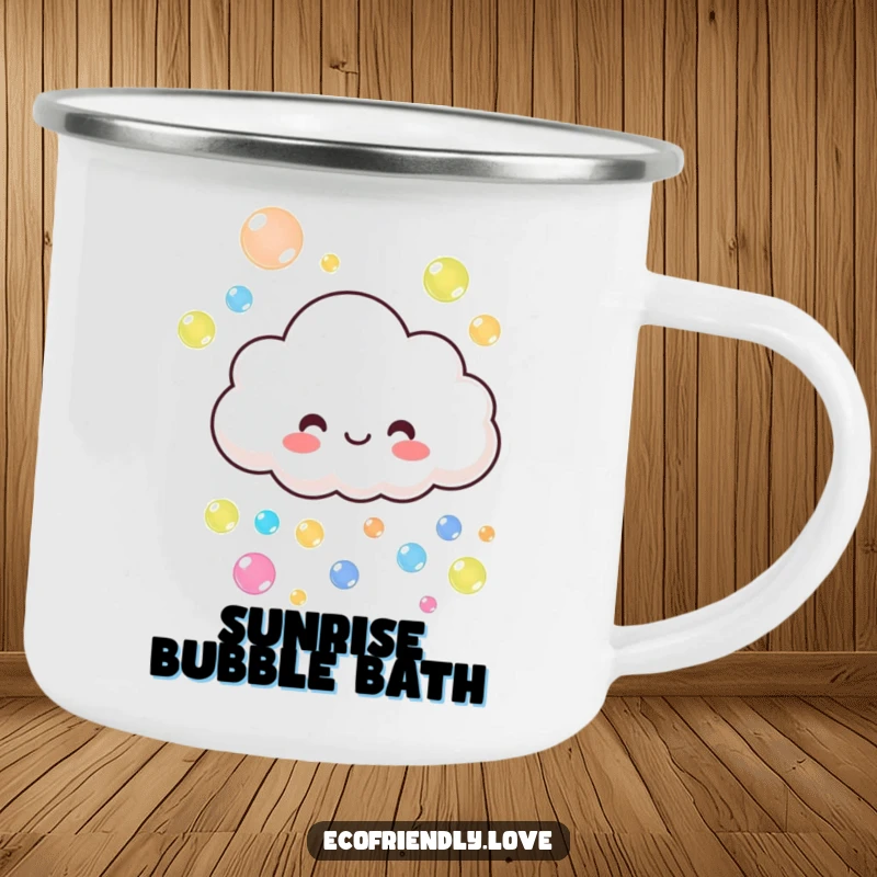 Funny cloud camping mug showing a smiling character playfully raining colorful bubbles, an adventurous funny gift.