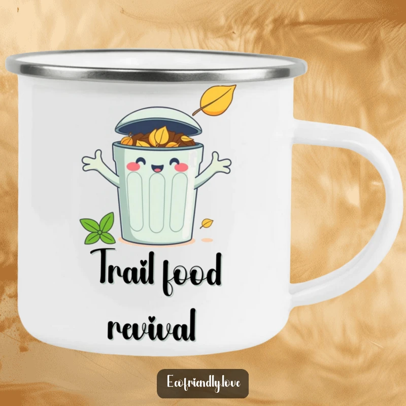 Funny camping mug with a smiling compost bin character welcoming a fallen leaf, designed for eco-conscious campers.
