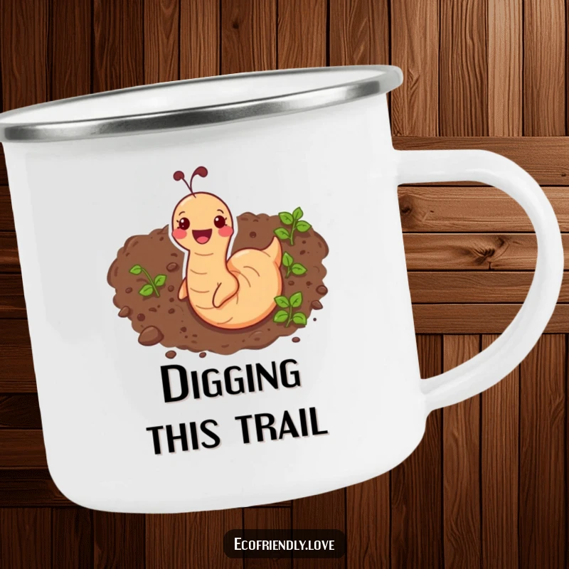 Funny camping mug featuring a delighted earthworm wiggling through soil, ideal for outdoor enthusiasts with a sense of humor.
