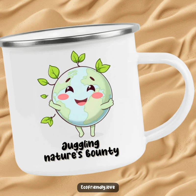 Funny camping mug featuring a happy globe character juggling green leaves, ideal for enjoying beverages on the go.
