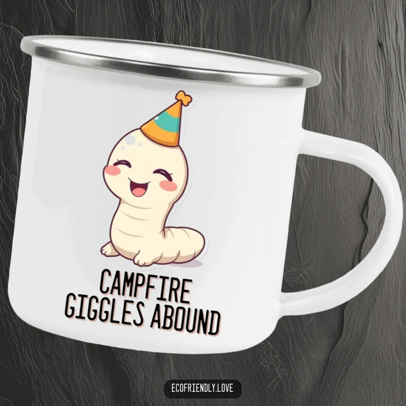 Funny kawaii worm giggling in a party hat on a rustic camping mug, a humorous outdoor essential.