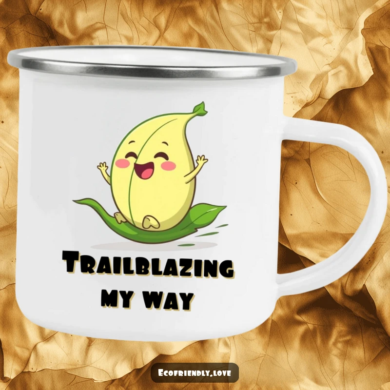 Funny camping mug featuring a cheerful leaf character speeding downhill, perfect for sipping coffee on outdoor excursions.