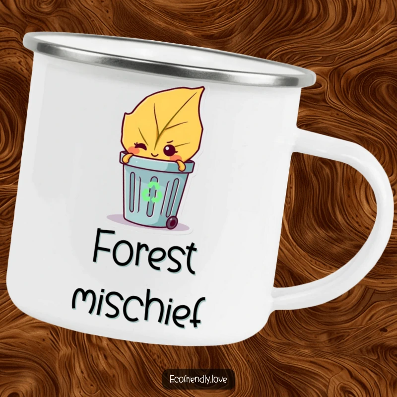 Funny enamel camping mug featuring a mischievous leaf character winking from a recycling bin, durable and eco-friendly.