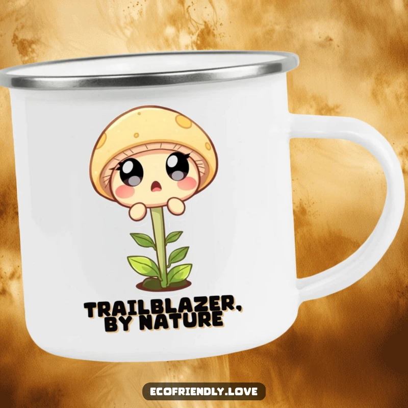 Funny camping mug featuring a surprised mushroom character leaping over a sprout, designed for outdoor fun and humor.