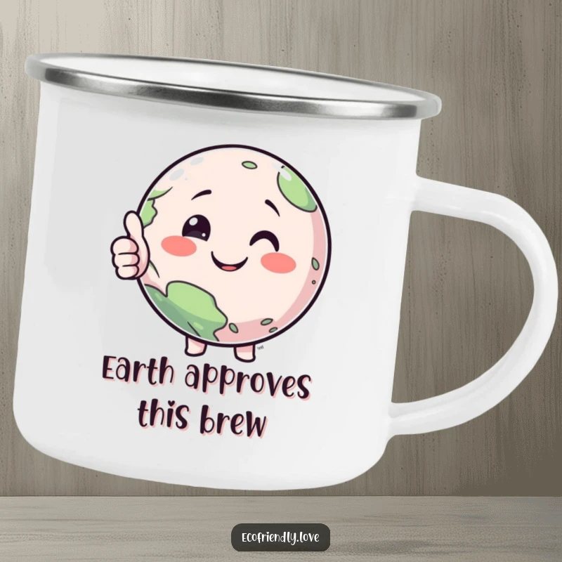 Funny camping mug featuring a smiling planet character giving a thumbs-up, perfect for enjoying beverages during outdoor adventures.