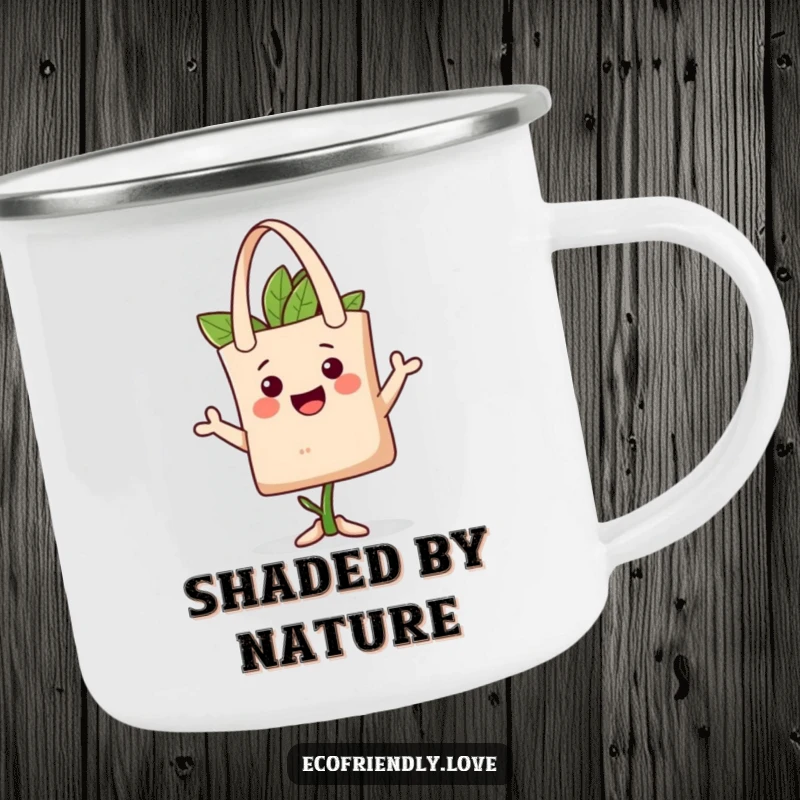Funny plant tote hat camping mug featuring a happy character playfully wearing a reusable tote bag as a hat, perfect for outdoor eco-style.