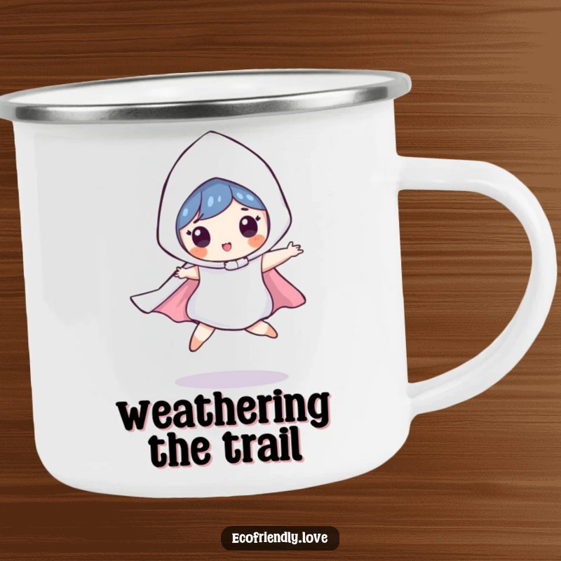 Funny camping mug featuring a playful raindrop character in a cape, mid-leap, bringing energetic fun to your campfire coffee or tea.
